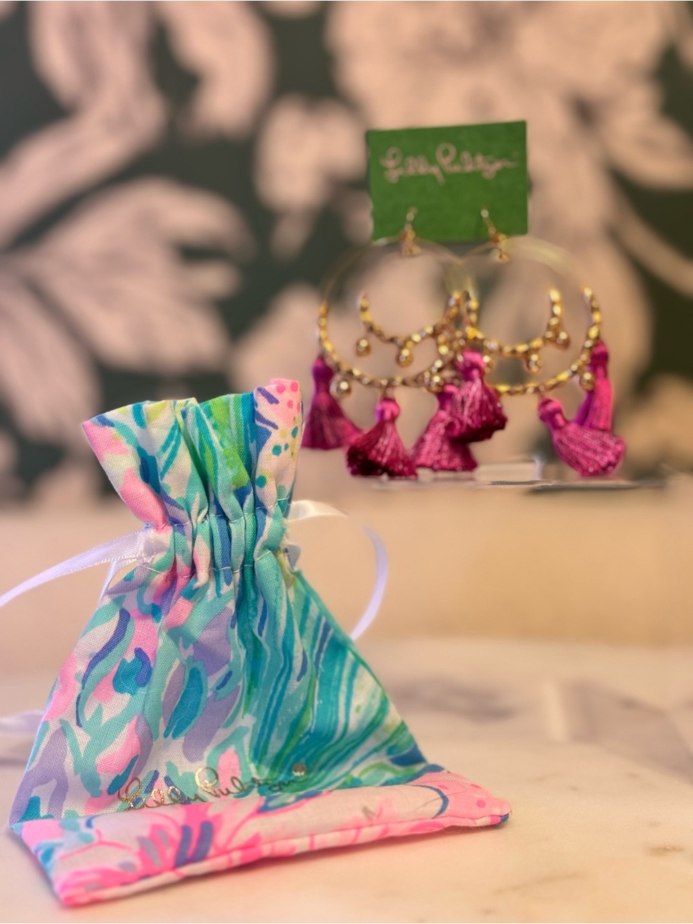 Lilly Pulitzer Gold Hoop Earrings with Pink Tassels with Dustbag!